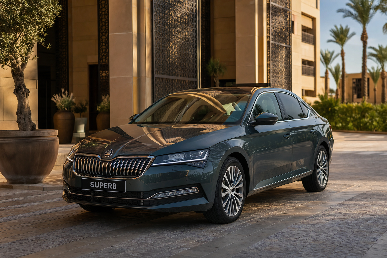 Skoda Superb premium devant un hôtel — transport touristique privé
